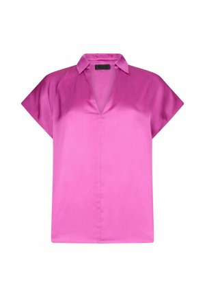 Blouse rose en satin à manches courtes, col en V, petit col et coupe décontractée.