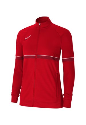 Czerwona sportowa kurtka Nike zapinana na zamek, z białym logo Swoosh, siateczkowym paskiem na klatce piersiowej i rękawach oraz kieszeniami po bokach.