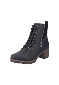 Bottines noires en cuir synthétique texturé, avec un laçage à l'avant, une fermeture éclair et un talon empilé pour plus de hauteur.