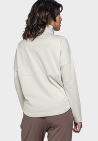 Hellgrauer, langärmeliger Pullover aus weichem Material mit einem hohen Kragen und kontrastierenden Nahtdetails auf der Rückseite.