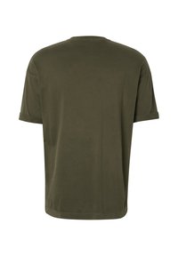 T-shirt uni vert foncé à manches courtes avec poignets retournés, vu de dos sur fond blanc.