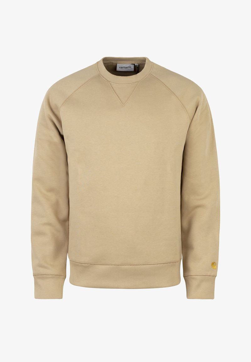 Beige bavlněná mikina s kulatým výstřihem, žebrovanými manžetami a malou nášivkou loga na levém rukávu. Má hladkou texturu a minimalistický design.