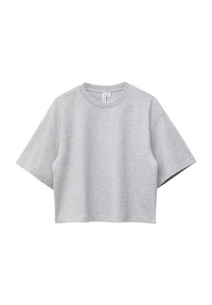 Lichtgrijs, kort mouw, cropped T-shirt met ronde hals en losse pasvorm, getoond op een witte achtergrond.