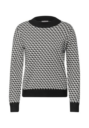 Schwarz-weißes Langarm-Sweater mit geometrischem Dreiecksmuster, schwarzer, gerippter Kragen, Bündchen und Saum.
