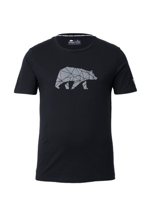 Camiseta de algodón negra con un gráfico geométrico de un oso en blanco. Diseñada con manga corta y cuello redondo. Estética simple y limpia.