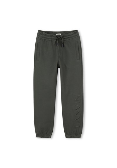 Olijfgroene joggingbroek van zacht materiaal, met een elastische tailleband met koord, twee zijzakken en een reliëfdetail van het "LANVIN" logo.