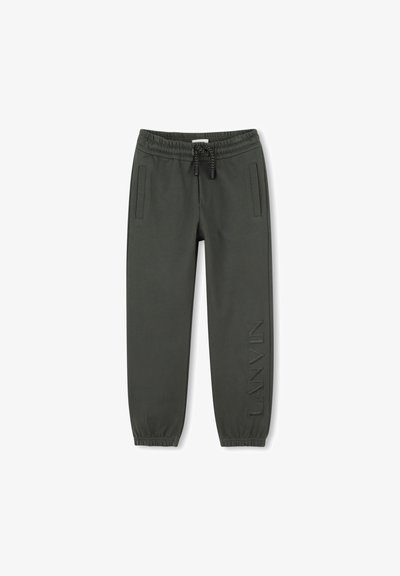 Olijfgroene joggingbroek van zacht materiaal, met een elastische tailleband met koord, twee zijzakken en een reliëfdetail van het "LANVIN" logo.