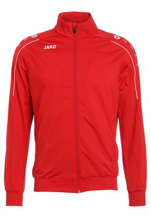 Veste de piste rouge avec fermeture éclair intégrale, col montant et accents blancs contrastants. Dotée d'un logo et d'un tissu texturé avec un léger brillant.