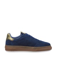 Blaue Wildledersneaker mit niedrigem Profil, runder Zehenpartie und brauner Gummisohle. Mit goldenen Akzenten an der Ferse und passenden Schnürsenkeln.