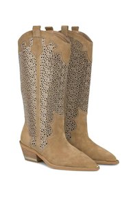 Botas de tobillo de ante con punta afilada, que presentan un eje cubierto de brillantes y un diseño en forma de onda, en color beige. Tacón bajo apilado.