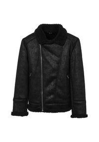 Giacca nera in ecopelle shearling con cerniera asimmetrica, due tasche con zip e dettagli in pelliccia sul colletto, sui polsini e sull'orlo.