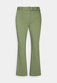 Olive green straight-leg pants with a matching belt featuring a silver double-ring buckle, front zipper, and belt loops.