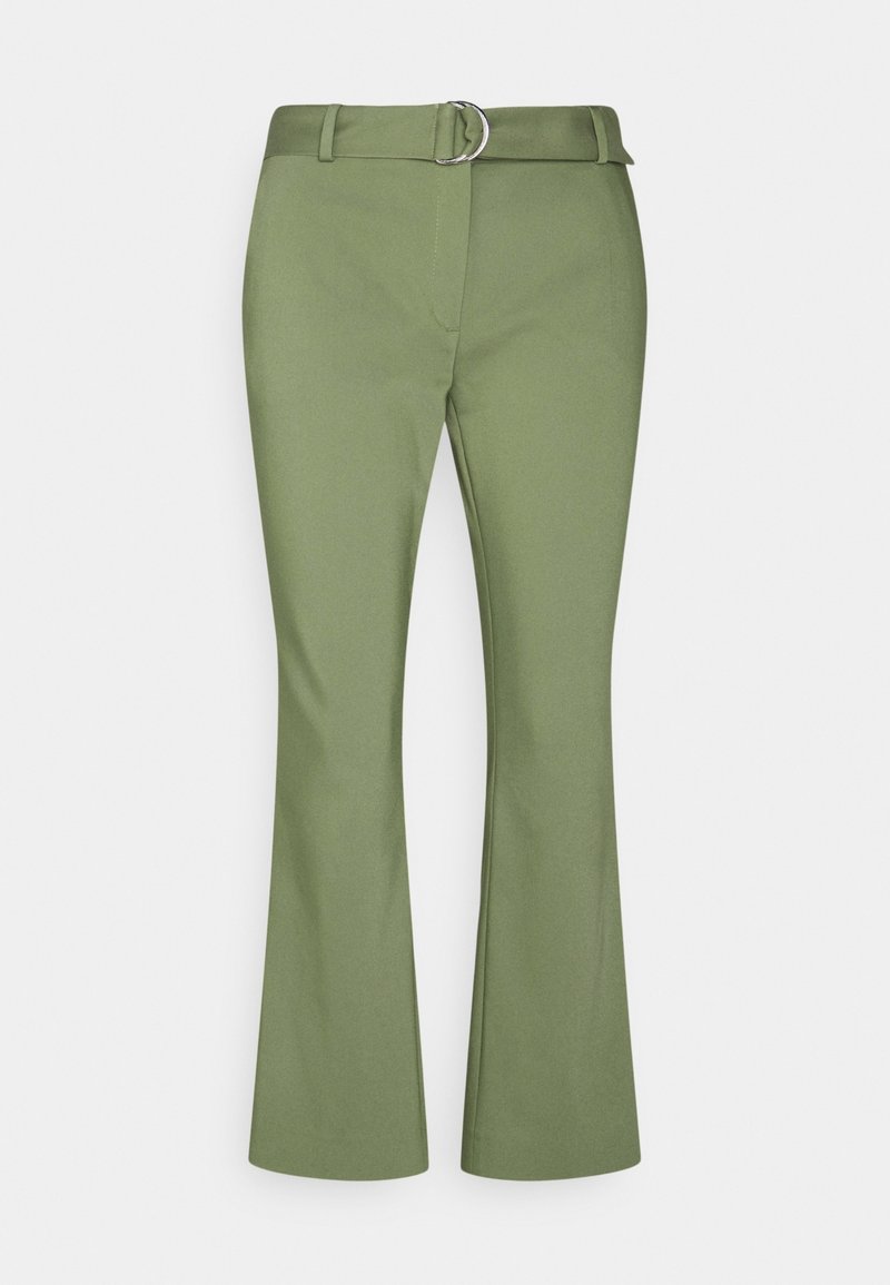 Olive green straight-leg pants with a matching belt featuring a silver double-ring buckle, front zipper, and belt loops.