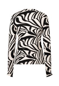 Black and white long-sleeve shirt with abstract zebra-like stripes, shown from the back against a white background.