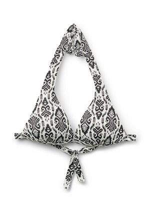 Top de bikini estampado en blanco y negro con copas triangulares, correas al cuello con estilo halter y un lazo central en la parte delantera.