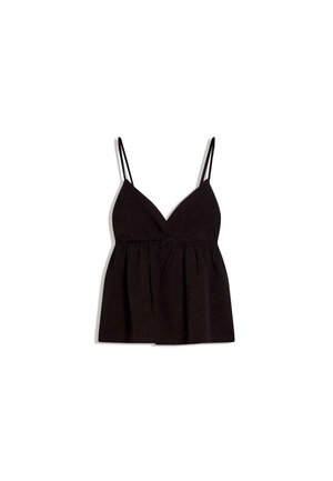 Schwarzes ärmelloses Camisole-Top mit dünnen doppelten Trägern, V-Ausschnitt und geraffter Taille, auf weißem Hintergrund dargestellt.