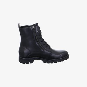 Black leather ankle boot with lace-up front, side zipper, cushioned sole, and pull tab at the back for easy wear.