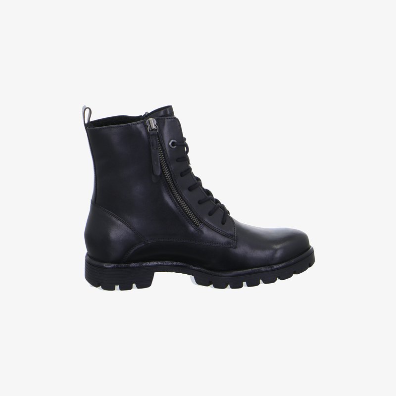 Black leather ankle boot with lace-up front, side zipper, cushioned sole, and pull tab at the back for easy wear.