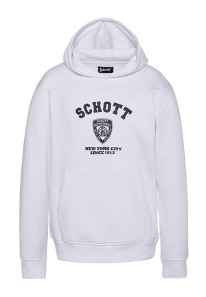 Biała bluza z kapturem wykonana z mieszanki bawełny, z przednią kieszenią, ściągaczami przy rękawach oraz czarnym emblematem z napisem z przodu.