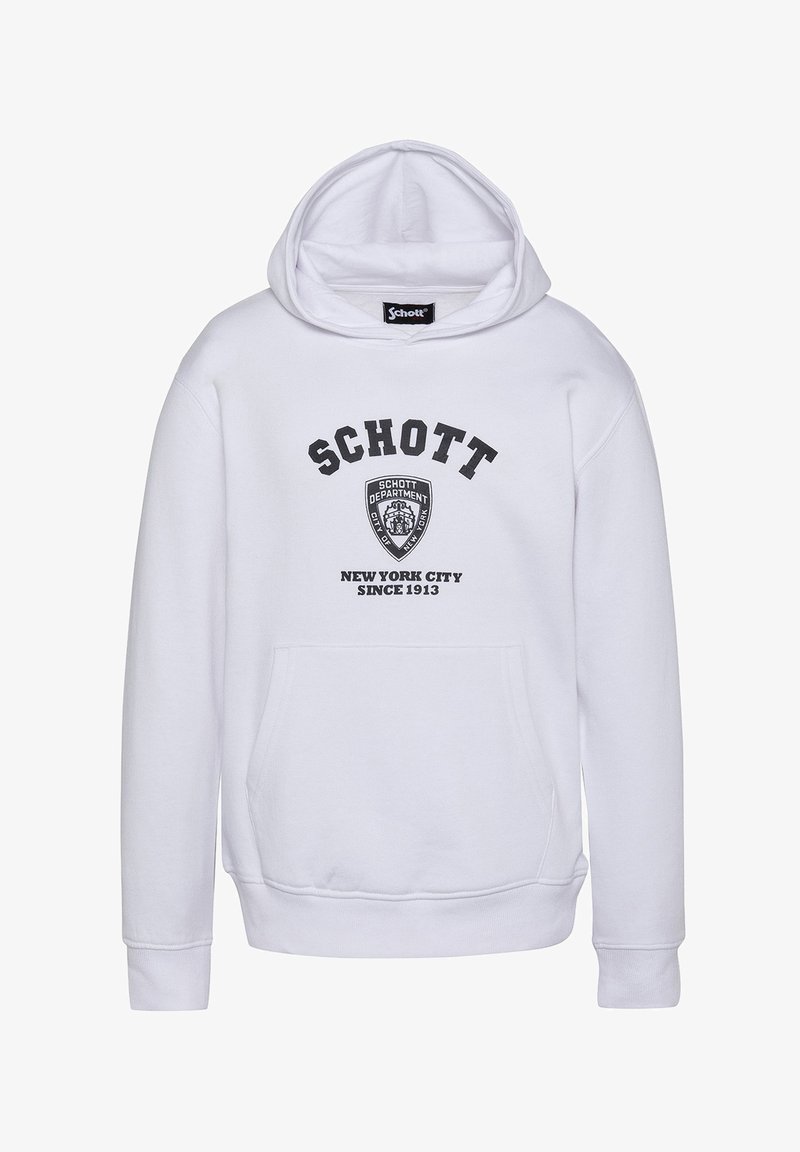 Weißer Hoodie aus einem Baumwoll-Mischgewebe mit einer Fronttasche, gerippten Bündchen und einem schwarzen Emblem mit Text auf der Vorderseite.