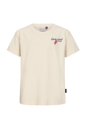 Beżowy t-shirt z krótkim rękawem z napisem "Daily served Retour" i grafiką czerwonej papryczki chili na lewej piersi, okrągły dekolt.