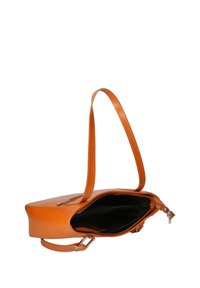 Borsa a mano in pelle arancione con design strutturato, manico singolo, chiusura lampo e un ampio interno foderato in nero.