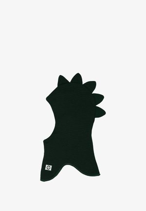 Balaclava vert foncé avec des épines de dinosaure le long du dessus, fabriquée dans un matériau doux et extensible ; dotée d'une ouverture faciale arrondie et d'un ourlet surpiqué.