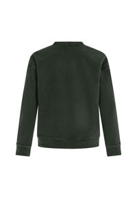 Donkergroen fleece sweatshirt met ronde hals, lange mouwen, ribgebreide manchetten en een gestructureerde afwerking. Eenvoudig ontwerp zonder zichtbare patronen.