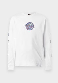 Long-sleeve white T-shirt featuring a circular multicolored "Santa Cruz" graphic on the chest and intricate designs along the sleeves.