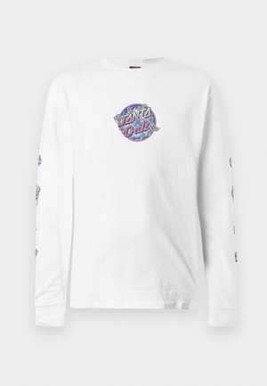 Long-sleeve white T-shirt featuring a circular multicolored "Santa Cruz" graphic on the chest and intricate designs along the sleeves.