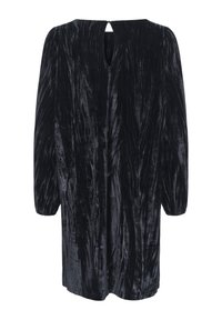 Robe en velours noir à manches longues avec une coupe ample et un motif texturé subtil, dotée d'une fermeture à bouton à œillet au niveau de l'encolure arrière.