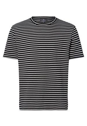 Black and white striped short-sleeve T-shirt, round neck design, made of soft, textured fabric with evenly spaced horizontal lines.