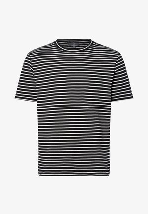 Black and white striped short-sleeve T-shirt, round neck design, made of soft, textured fabric with evenly spaced horizontal lines.