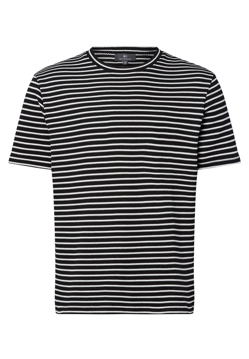 Schwarz-weiß gestreiftes Kurzarm-T-Shirt, Rundhalsausschnitt, aus weichem, strukturiertem Stoff mit gleichmäßig verteilten horizontalen Linien.