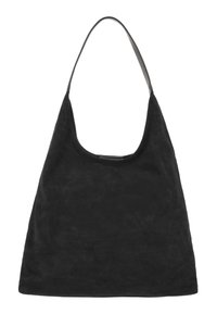 Black suede shoulder bag, hobo style, featuring a wide body, soft texture, and a single strap. No visible hardware or embellishments.