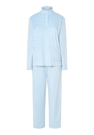 Conjunto de pijama azul claro con mangas largas y pantalones, con cuello y botonera, decorado con pequeños lunares de colores.