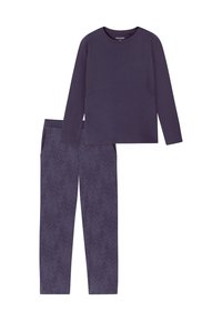 Langärmliges Oberteil und Hosenanzug in Dunkellila, mit einem strukturierten Muster auf der Hose und einem schlichten Design auf dem Oberteil, aus weichem Stoff gefertigt.