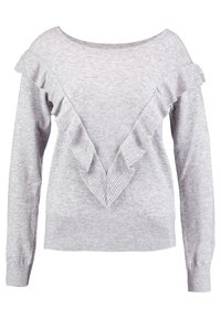 Pull gris clair à manches longues avec détail volanté en forme de V côtelé sur le devant, ainsi que poignets et ourlet côtelés.