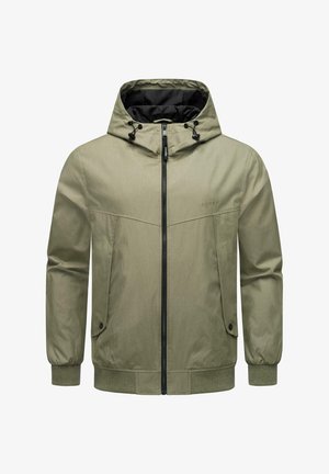 Chaqueta con capucha en verde oliva con cierre de cremallera, puños elásticos y bolsillos laterales. Tejido texturizado con un acabado mate y forro interior negro.