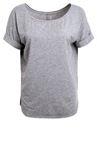 Grå bomulls t-shirt med vid halsringning, korta rullade ärmar, avslappnad passform och sidoflikar för en bekväm siluett.