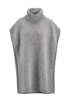 Grau gestrickter Poncho mit hohem, geripptem Rollkragen, lockerer Passform und seitlichen Öffnungen, der eine weiche Textur und eine gleichmäßige Farbe aufweist.
