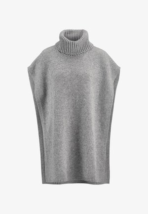 Grau gestrickter Poncho mit hohem, geripptem Rollkragen, lockerer Passform und seitlichen Öffnungen, der eine weiche Textur und eine gleichmäßige Farbe aufweist.