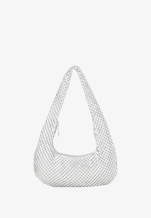 Fehér hobo táska geometrikus mintázattal, egyetlen pánttal és cipzáros záródással. Sima szövet, lekerekített alappal.