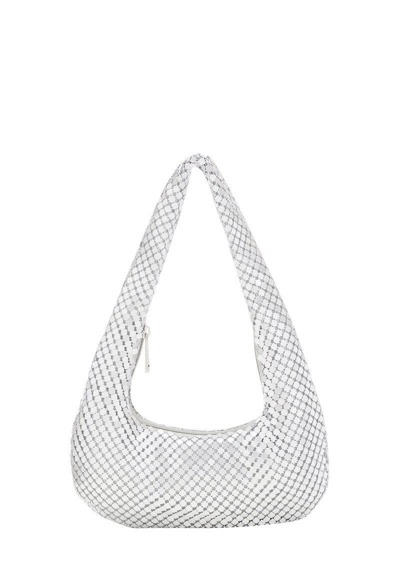 Borsa hobo bianca con una texture a motivo geometrico, dotata di una sola tracolla e chiusura con zip. Tessuto liscio con una base arrotondata.