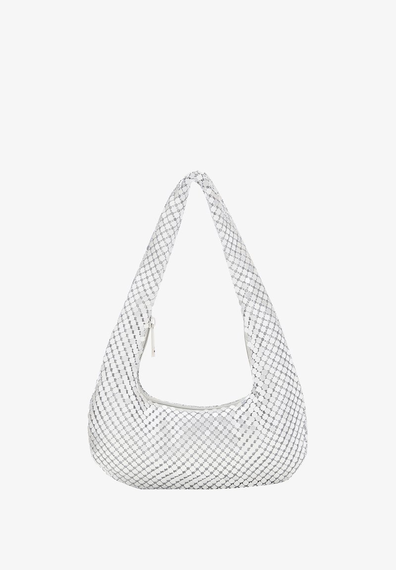 Borsa hobo bianca con una texture a motivo geometrico, dotata di una sola tracolla e chiusura con zip. Tessuto liscio con una base arrotondata.