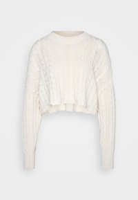 Off-white cropped cable-knit sweater with long sleeves and a ribbed crew neckline and cuffs, displayed on a plain background.
