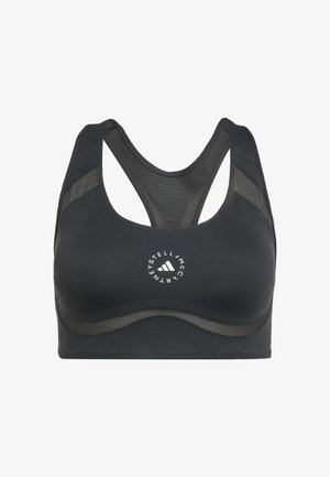 Sujetador deportivo negro con acentos de malla, escote redondeado y diseño tipo racerback. Presenta un logo circular en la parte delantera.