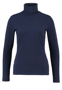 Granatowy, długi rękaw, golf wykonany z elastycznej tkaniny, cechujący się dopasowanym krojem i miękką fakturą.