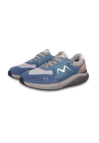 Blue and gray athletic shoes with suede and mesh materials, featuring a rubber sole, lace-up front, and contrasting logo.