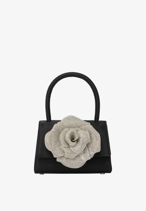 Zwarte handtas met een gestructureerd ontwerp en een opvallende zilveren strass bloemenaccent aan de voorkant. Kleine, ronde handgreep.